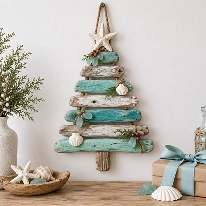 🌊🎄 Kerstboom van drijfhout, verlichte wanddecoratie voor een strandhuis ⭐🌙