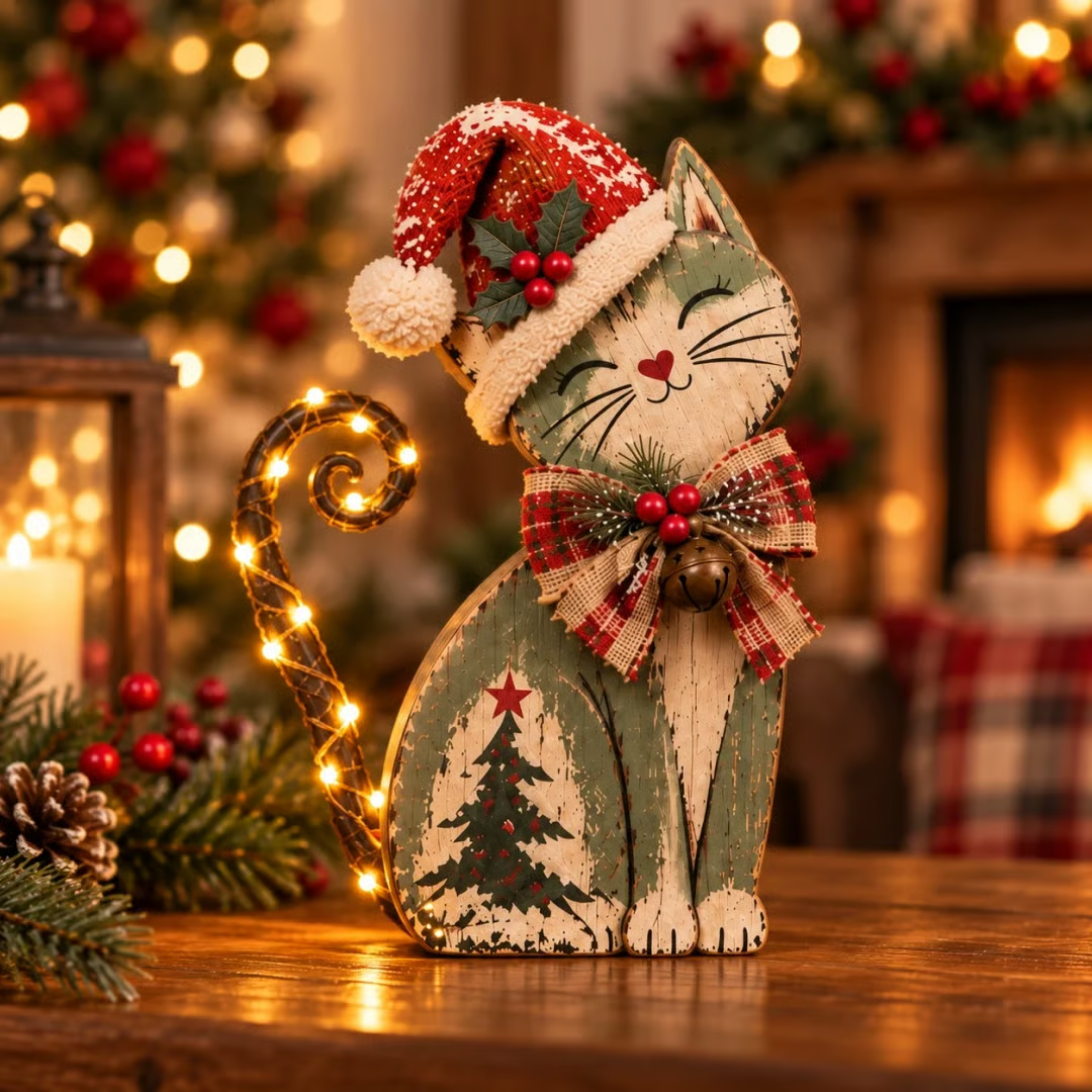 🎄Vintage verlicht kerstkattentrio🐱