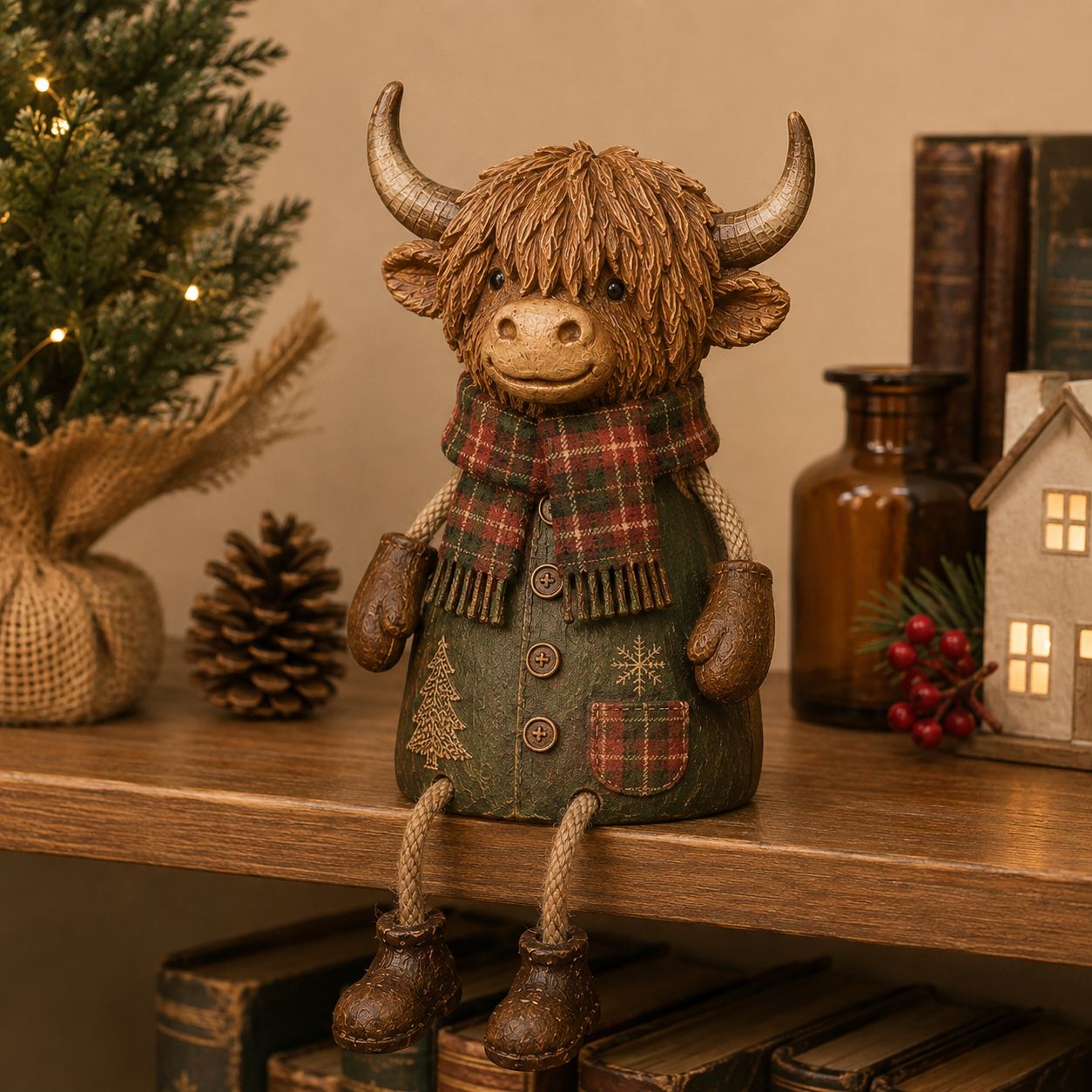 🎄🐮 Feestelijke Schotse hooglandkoe als decoratie voor op een plank – Rustieke kerstdecoratie voor thuis ✨