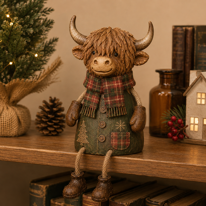 🎄🐮 Feestelijke Schotse hooglandkoe als decoratie voor op een plank – Rustieke kerstdecoratie voor thuis ✨