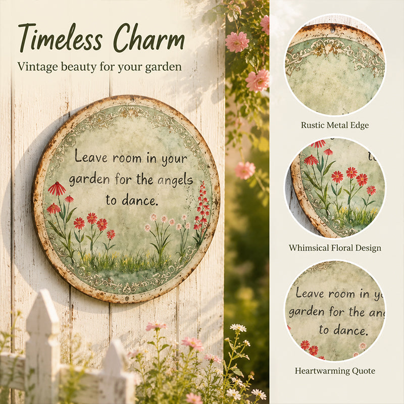 ✨ Handgemaakt rond metalen bordje met ‘Angel Dance’, vintage wanddecoratie voor de cottage-tuin, ideaal als cadeau