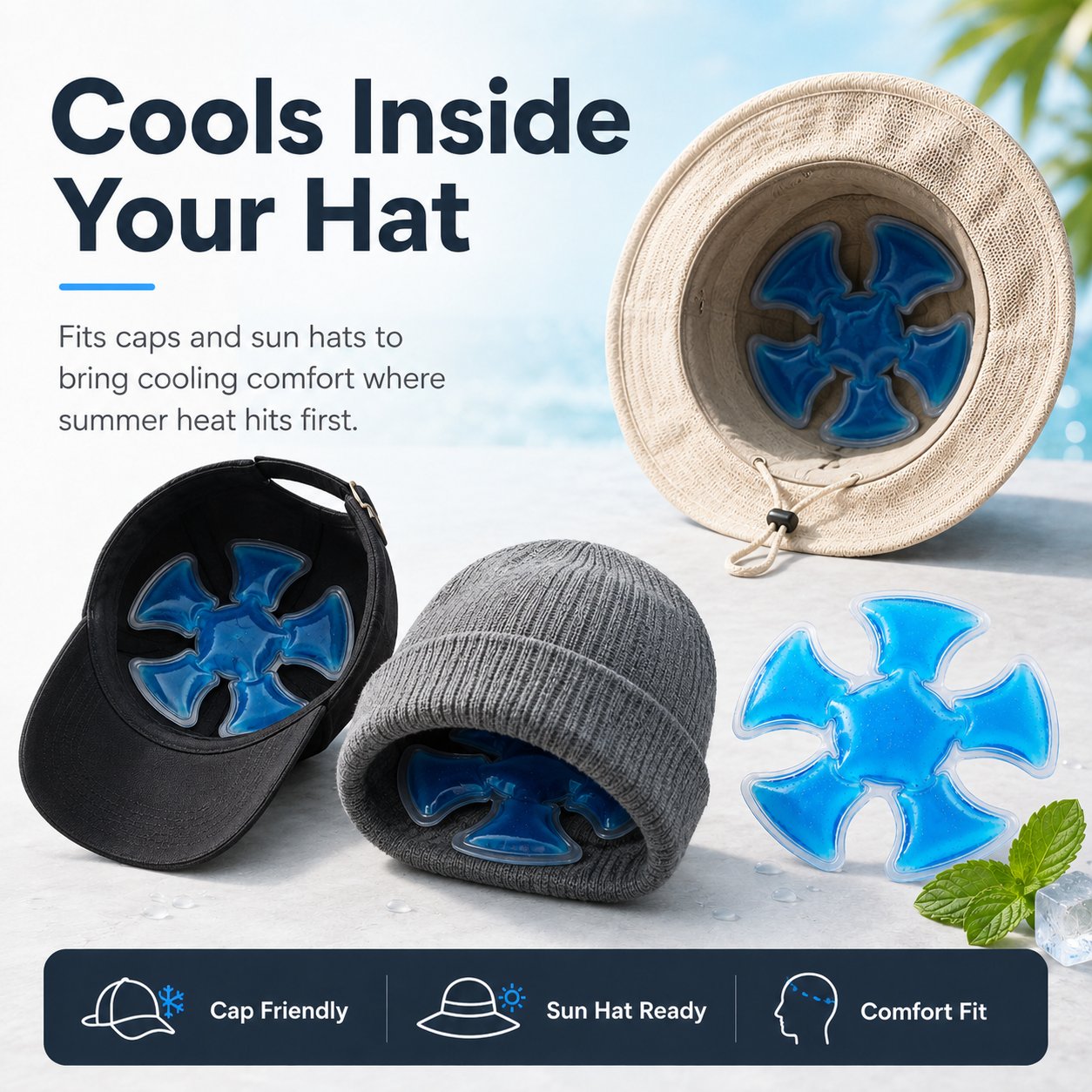 ❄️ Draagbare Koel Gel Inleg – Comfort in Hoed & Voor het Hele Lichaam 🧢💙