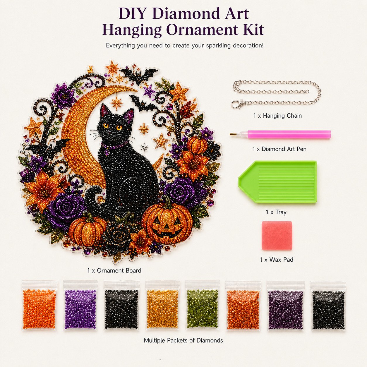 ✨🎃Halloween-hangsieraad-set met zwarte kat en maan in diamantkunststijl👻
