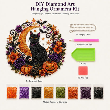 ✨🎃Halloween-hangsieraad-set met zwarte kat en maan in diamantkunststijl👻