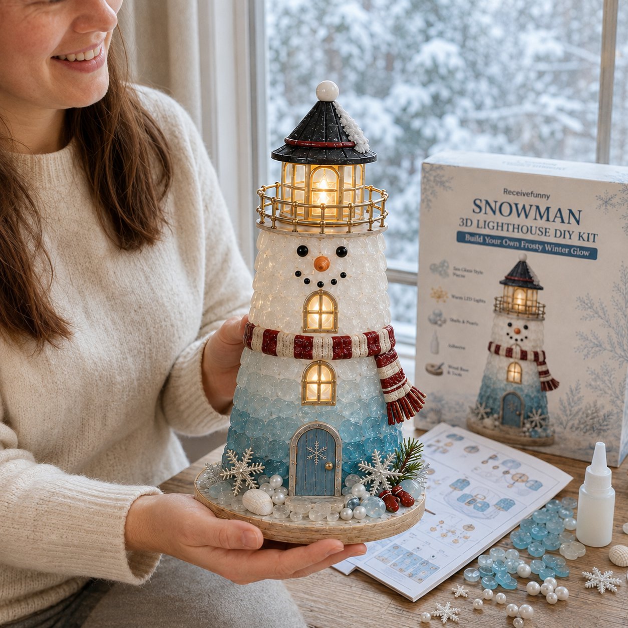 🎄Een voor beginners geschikte doe-het-zelfset voor een verlichte kerstfiguur in de vorm van een vuurtoren in zeeglasstijl | Complete set inclusief onderdelen in zeeglasstijl, led-lampjes en een stapsgewijze handleiding 💕