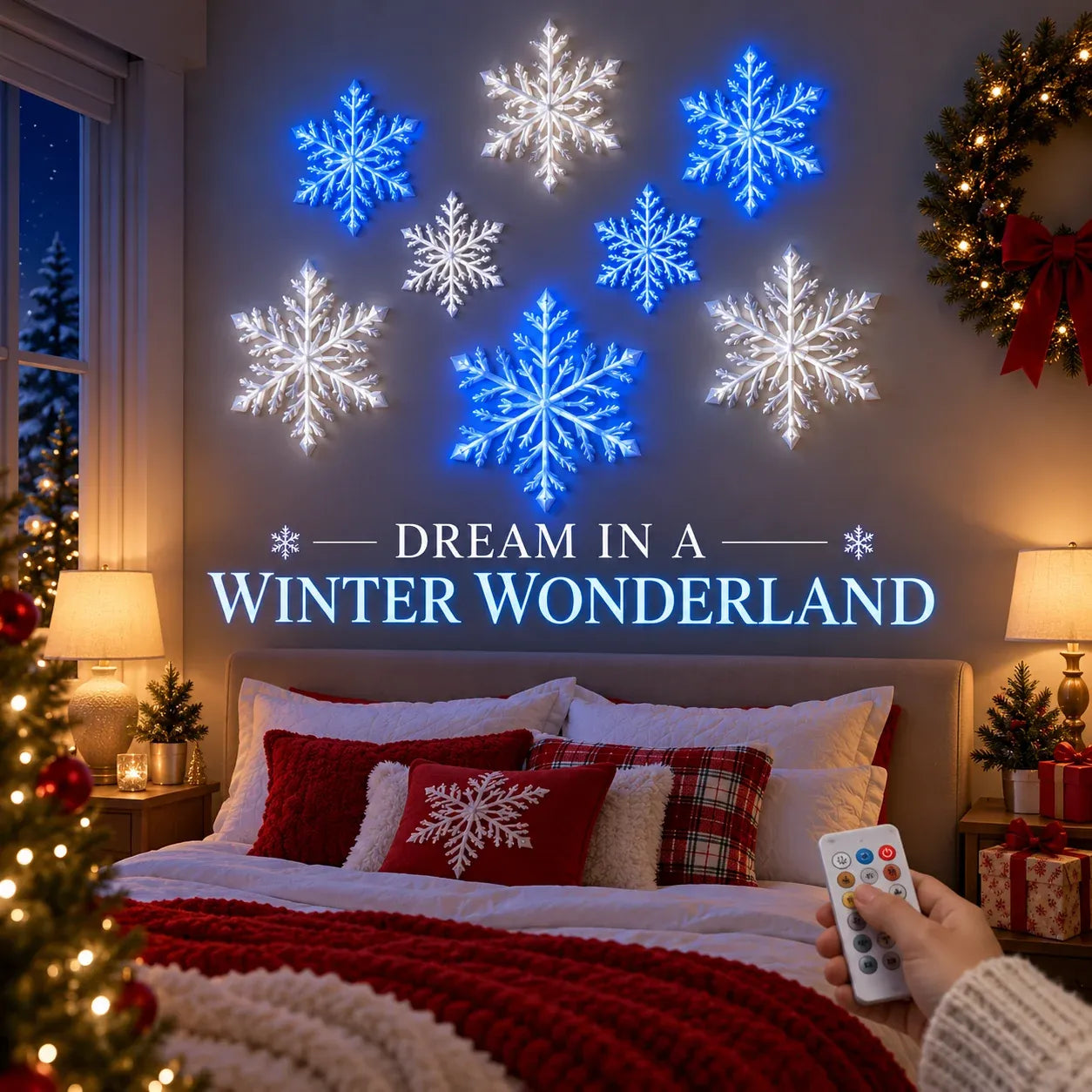 ❄️✨ LED-wandlampjes in de vorm van sneeuwvlokken — 3D-kerstversiering met afstandsbediening, blauwe en witte gloed
