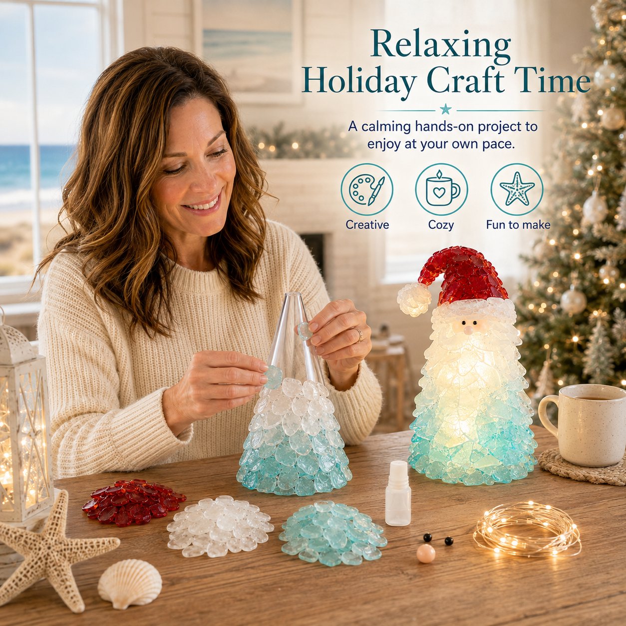 🎅 Beginnersvriendelijke doe-het-zelf-set voor kerstversiering met verlichte zeeglas-kerstman | Complete set inclusief stukjes zeeglas, warme kerstverlichting en een stapsgewijze handleiding 💕