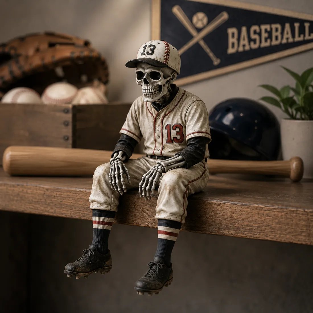 ⚾ Skeletfiguurtje voor op de plank in honkbalstijl – Hij bleef iets te lang in het spel 💀