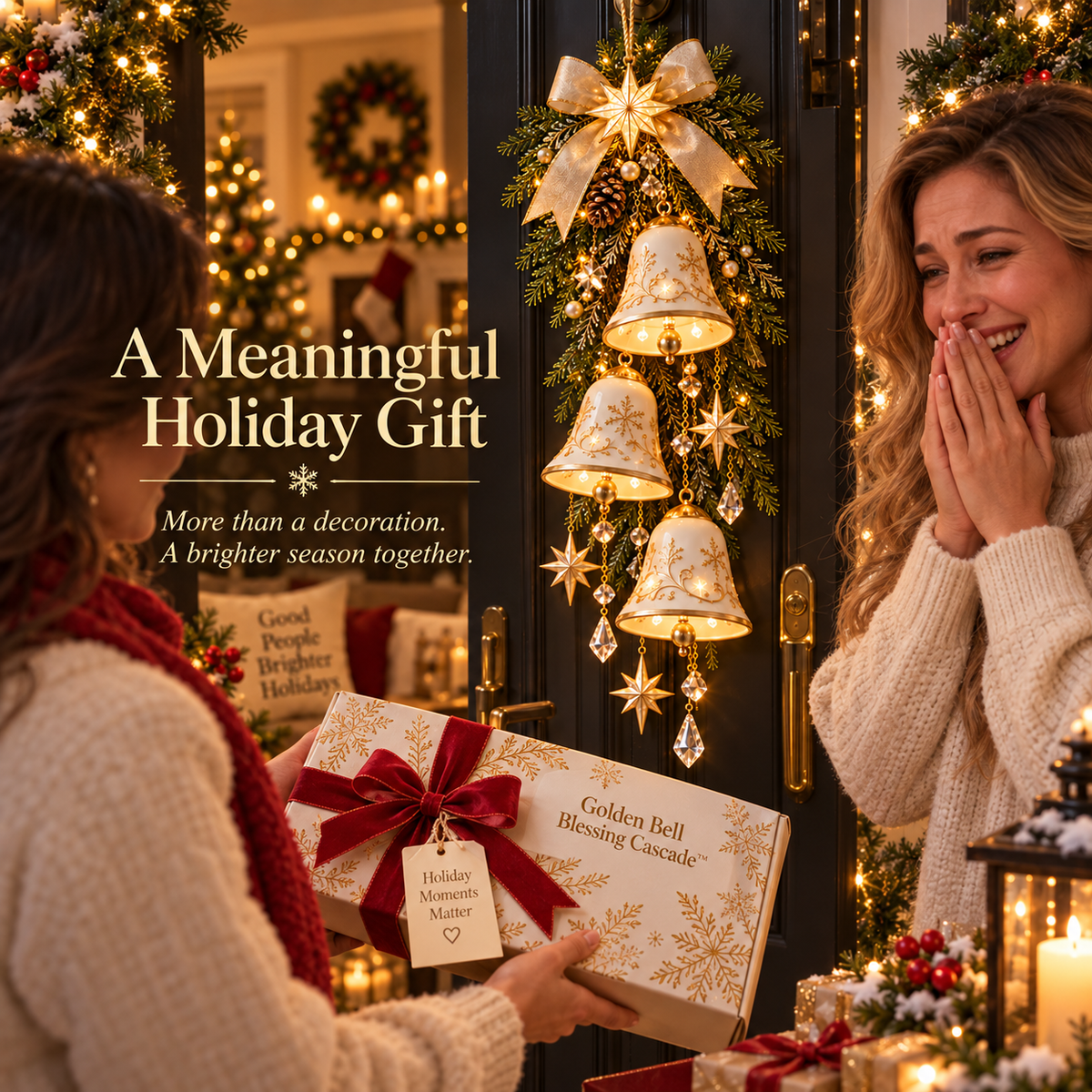 🔔✨Laatste dag: 49% KORTING✨✨ Golden Bell Blessing Cascade™ – Verlichte kerstdeurversiering