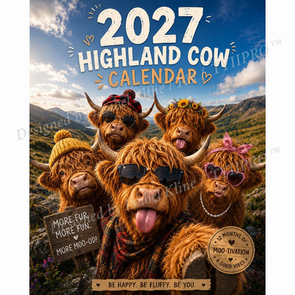 🐮📅 2027 Grappige Highland Cow Wandkalender – A4 Hangkalender 😂✨