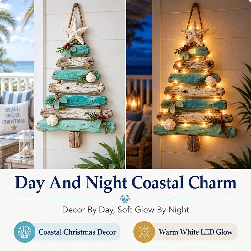 🌊🎄 Kerstboom van drijfhout, verlichte wanddecoratie voor een strandhuis ⭐🌙