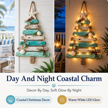 🌊🎄 Kerstboom van drijfhout, verlichte wanddecoratie voor een strandhuis ⭐🌙