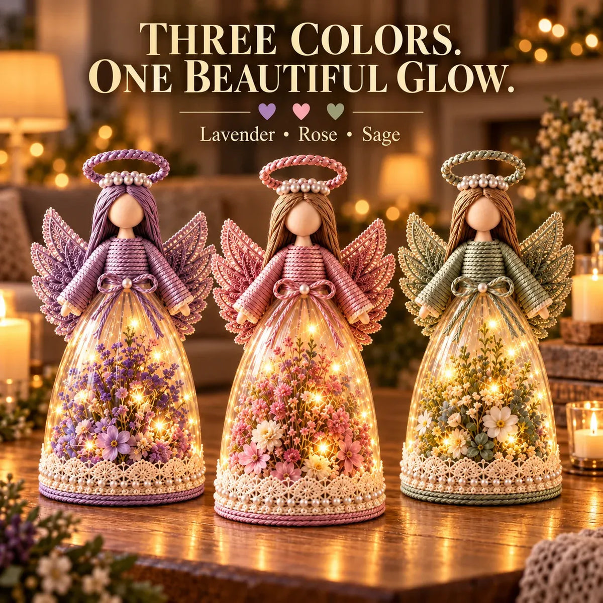 Blooming Guardian Angel Light | Bloemvormig LED-beeldje in lavendel, roze en salie