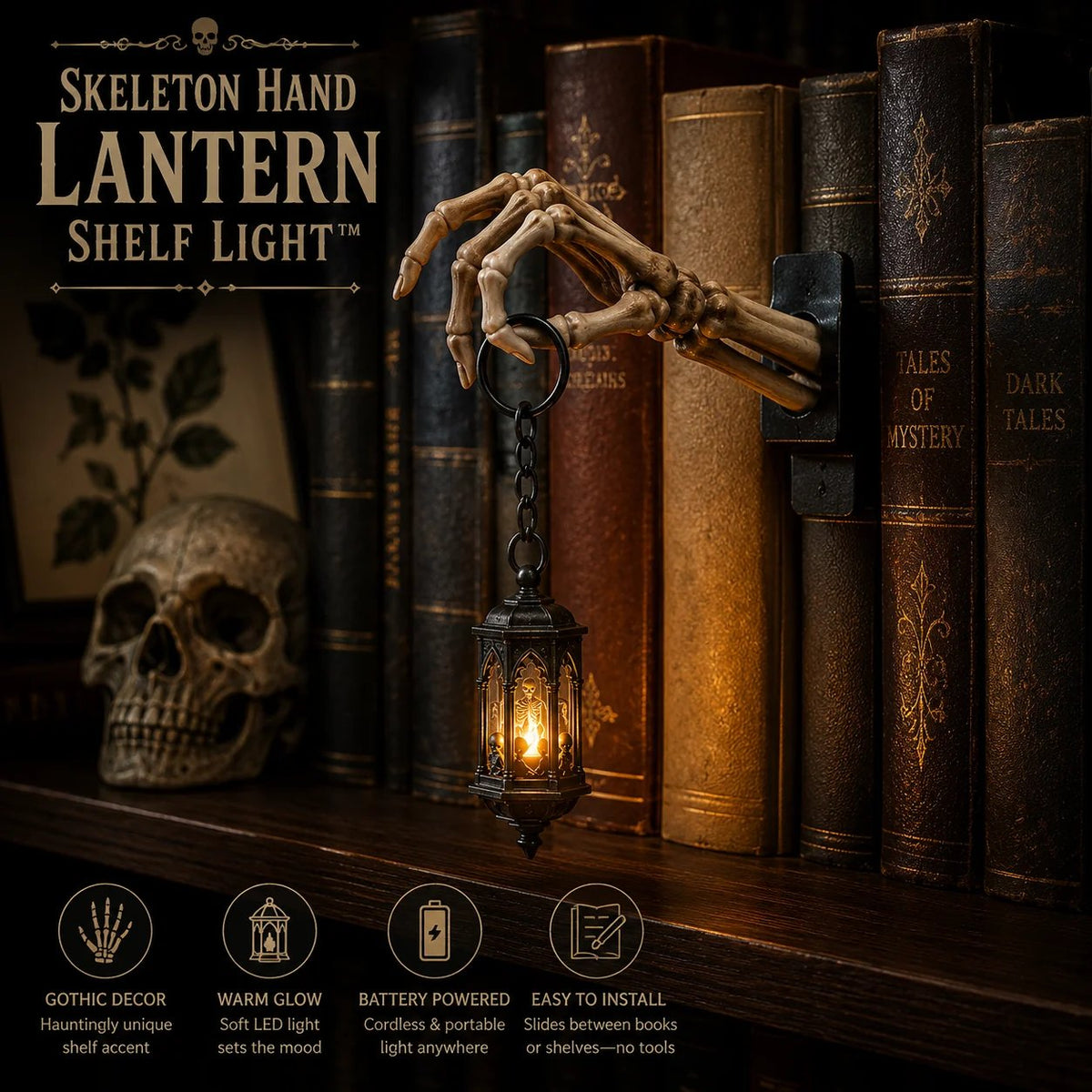 💀 Skeleton Hand Lantern boekenplanklamp | Gotische decoratie voor op de plank op batterijen, met warme amberkleurige LED, snoerloos ontwerp en montage zonder gereedschap 🕯️