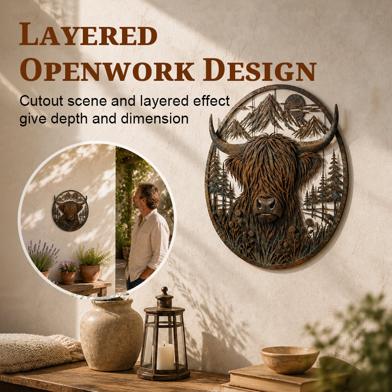 🐂Metalen wanddecoratie met berglandschap en Highland-koe🏔️