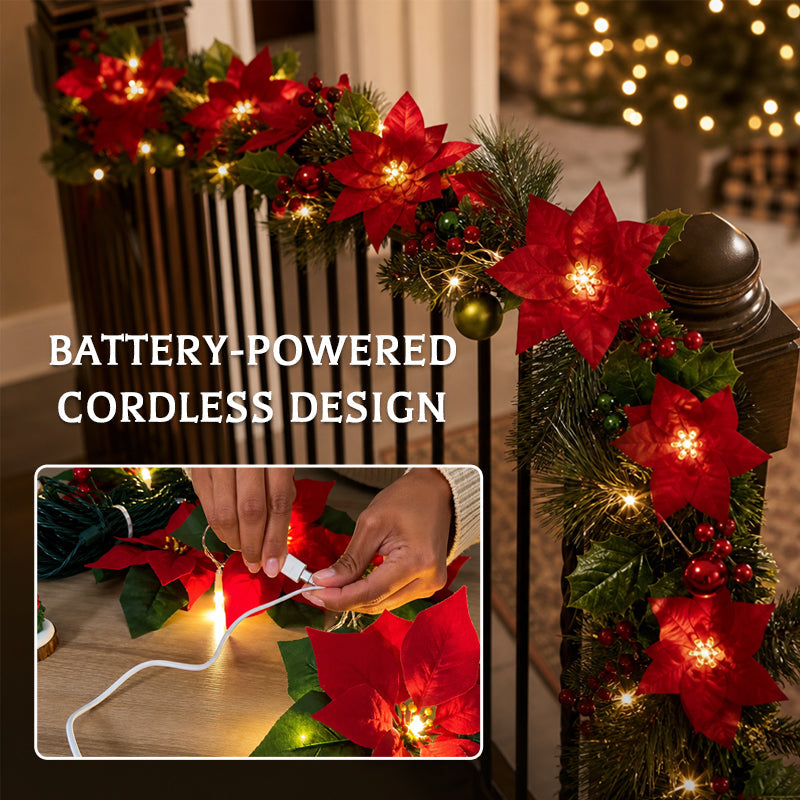 😍 🎄 Kerstster-lichtslinger – 2 m warme LED-slinger met rode bloemen en hulstblaadjes