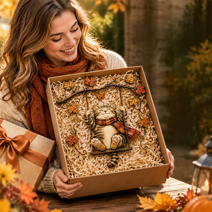 🍁Metalen wanddecoratie met herfstkat🐱