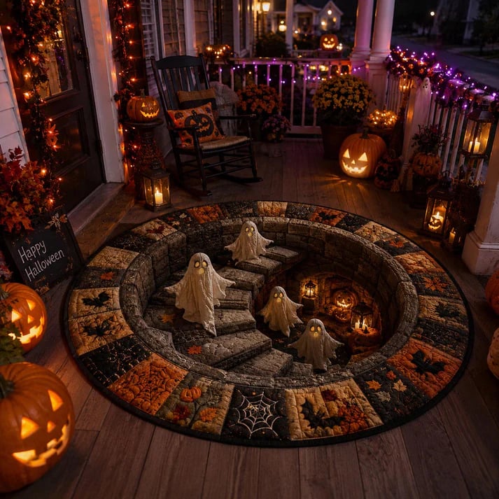 🔥 Rond vloerkleed met 3D-spooktrap – Griezelige Halloween-optische illusie 👻