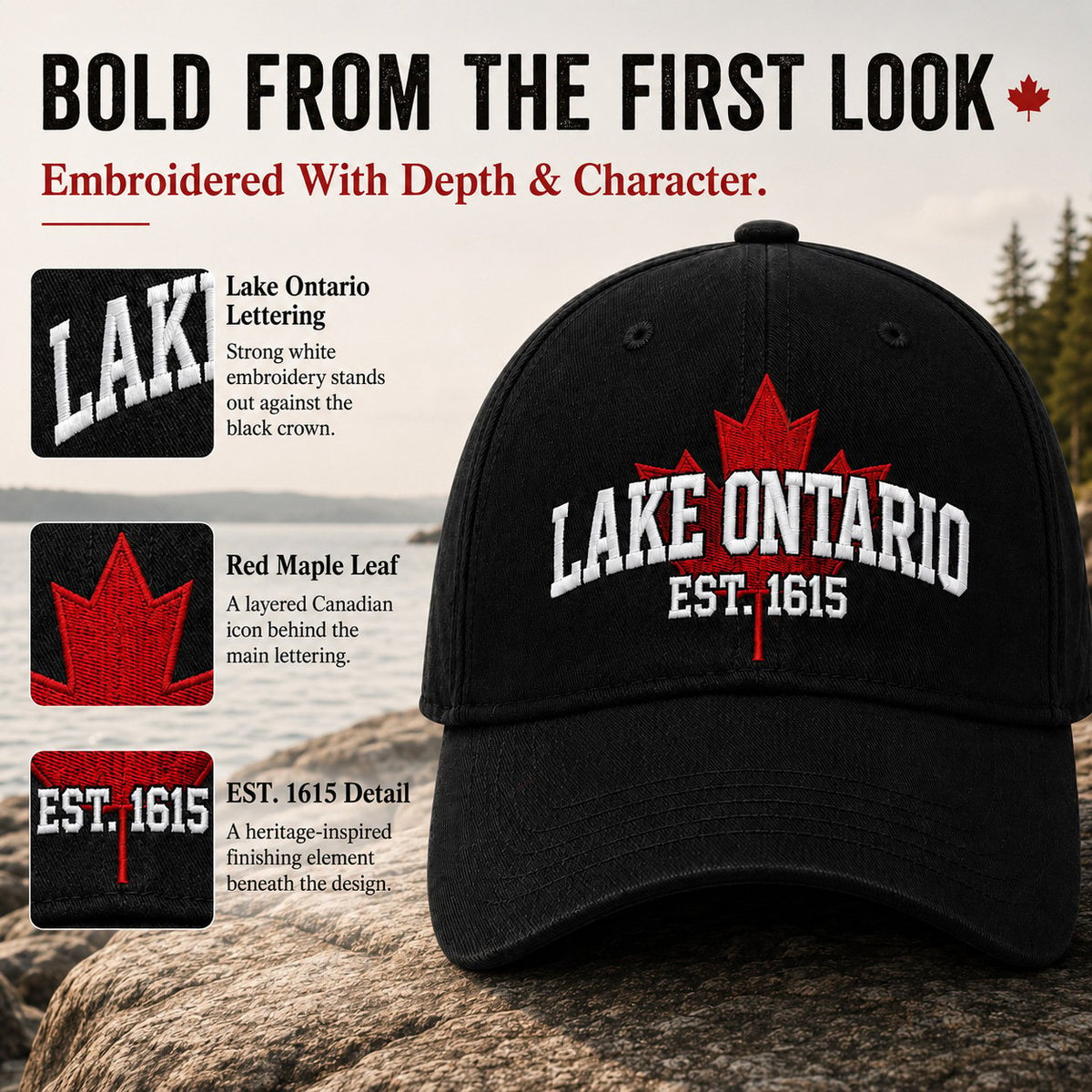 🔥LAATSTE DAG 50% KORTING - 🍁Lake Ontario Forever – Geborduurde pet in retro-stijl (🧢100% katoen)