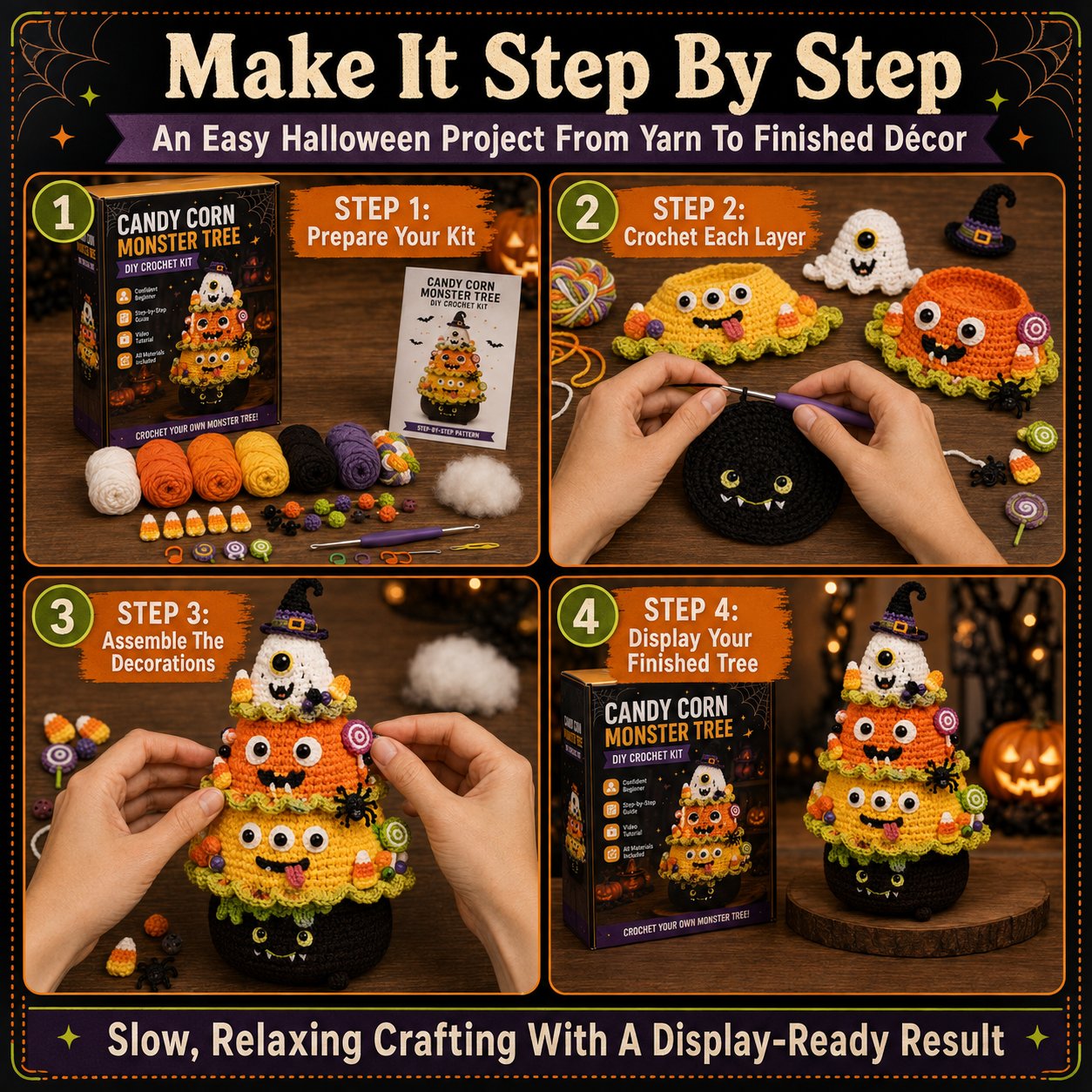 🎃 DIY-haakpakket voor een Halloween-boom | Alles-in-één-pakket voor een griezelige tafeldecoratie van 7 inch met verschillende lagen 🧶👻✨