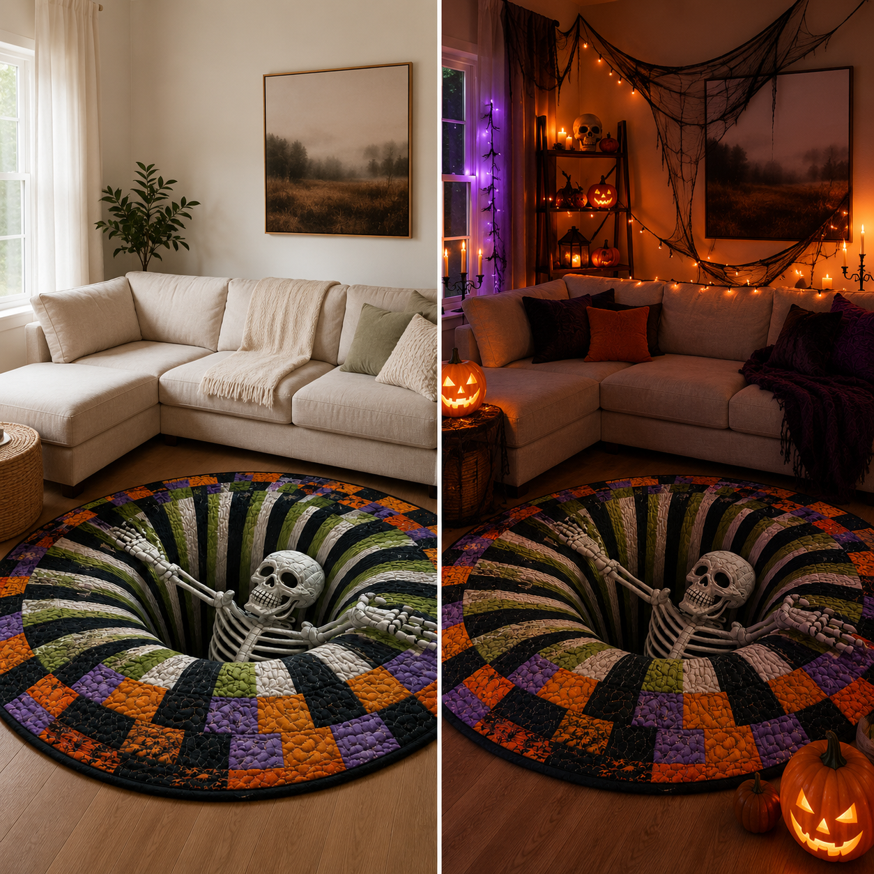 🔥 VANDAAG 50% KORTING 🎃 3D-skelet Vortex gewatteerd rond Halloween-vloerkleed