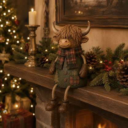 🎄🐮 Feestelijke Schotse hooglandkoe als decoratie voor op een plank – Rustieke kerstdecoratie voor thuis ✨
