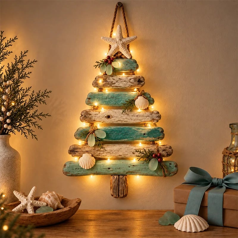 🌊🎄 Kerstboom van drijfhout, verlichte wanddecoratie voor een strandhuis ⭐🌙