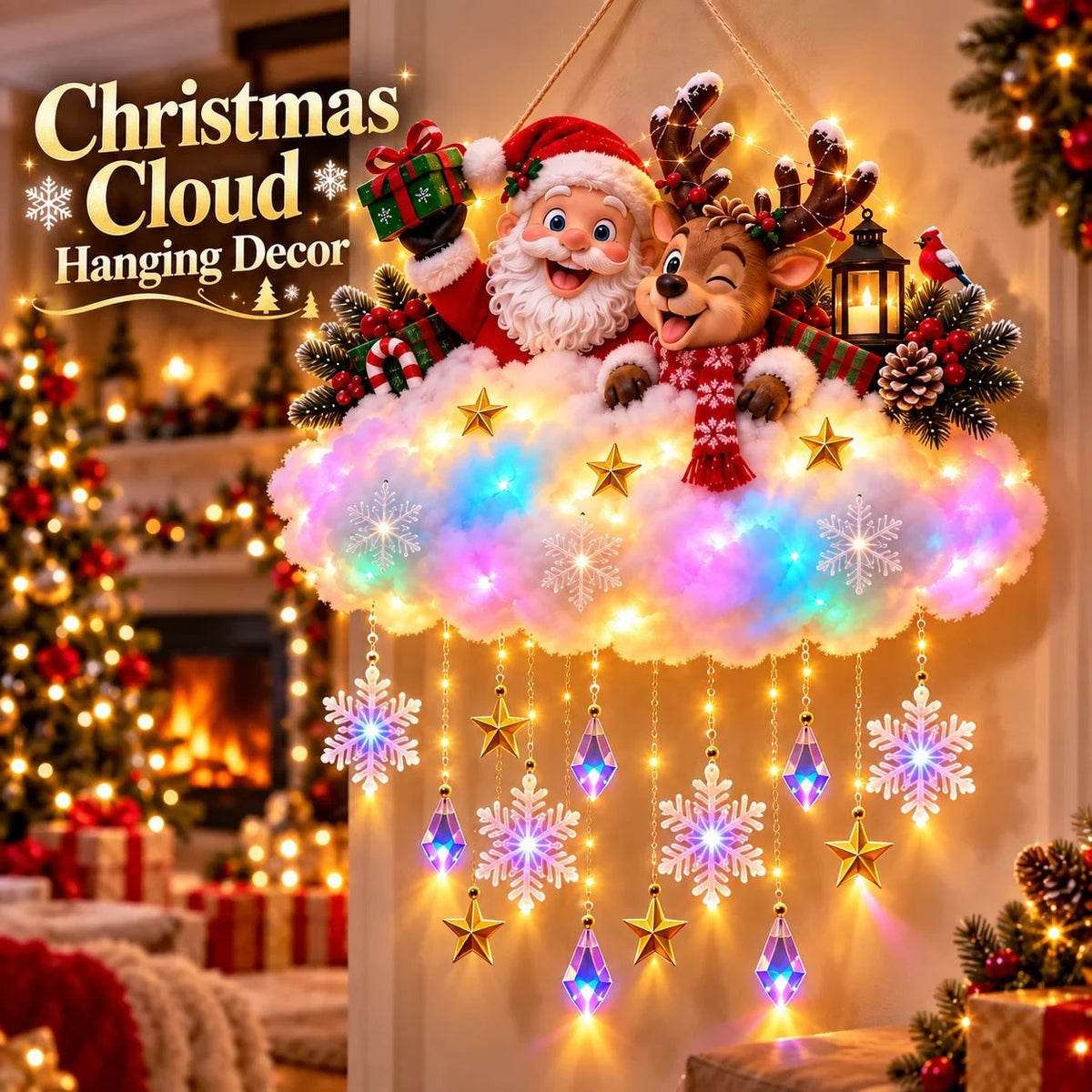🎄 Verlichte kerstwolk als hangdecoratie – Kerstman & winterdorp als kerstversiering