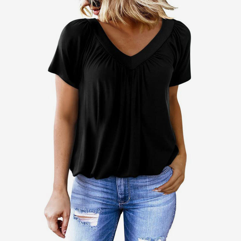 Vrouwen casual geplooide V-hals top met korte mouwen
