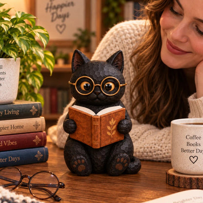 🐱📚 Beeldje van een lezende kat — Een boekenliefhebbers-accessoire voor gezellige hoekjes