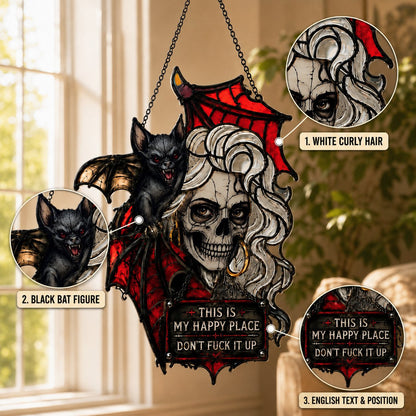 🦇💀Gotische schedel & vleermuis “My Happy Place” wanddecoratie — Wanddecoratie met haareffect dat reageert op je stemming✨