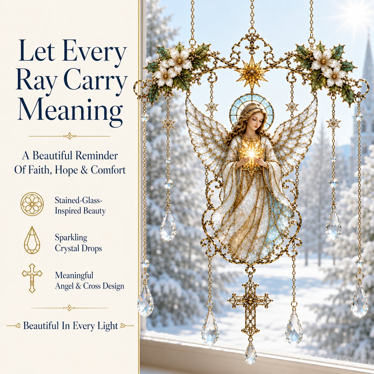 ✨ Collectie ‘Blessing Suncatcher’ in glas-in-loodstijl | Op het geloof geïnspireerde raamdecoratie met goudkleurige omlijsting en kristallen regenboogdruppels 🌈🙏