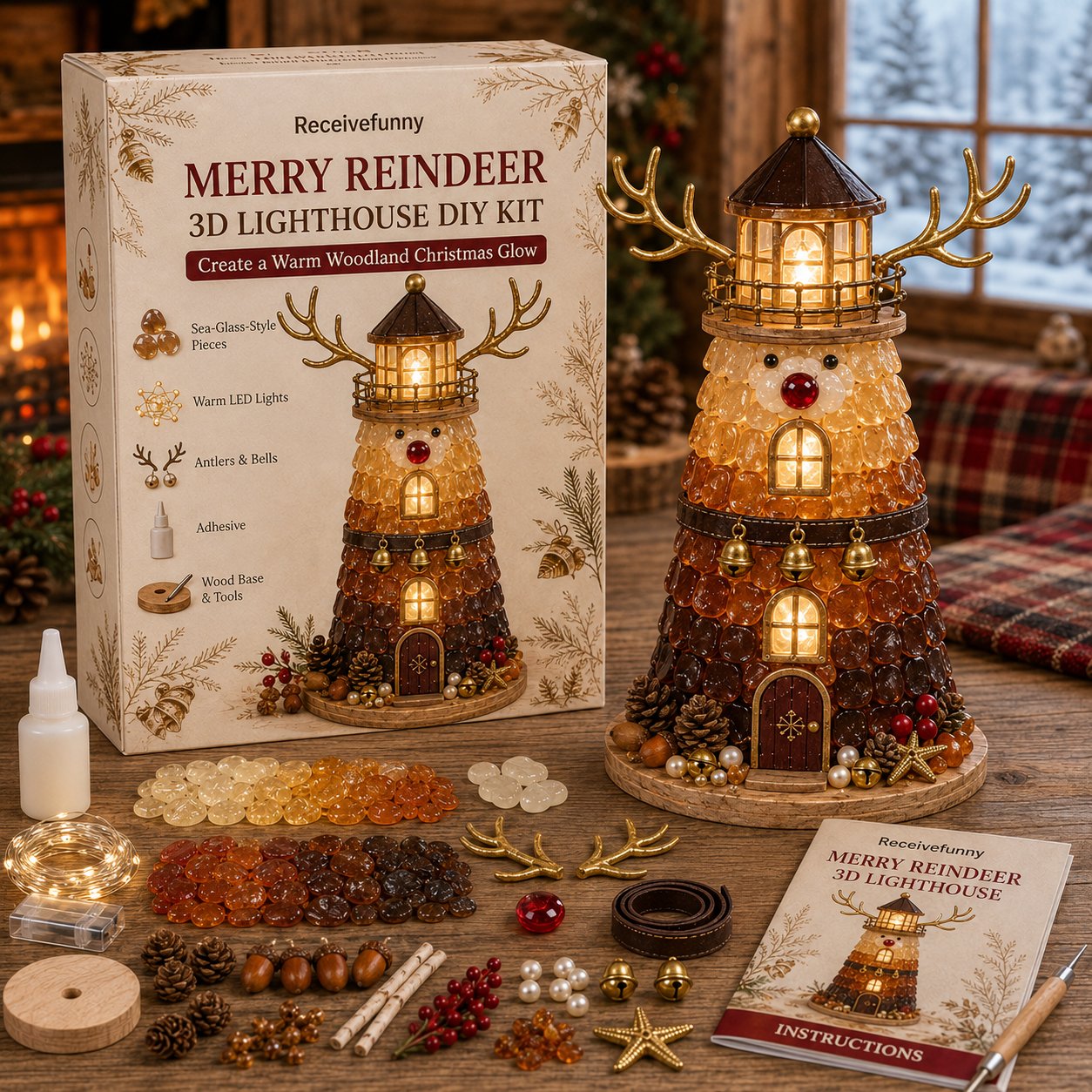 🎄Een voor beginners geschikte doe-het-zelfset voor een verlichte kerstfiguur in de vorm van een vuurtoren in zeeglasstijl | Complete set inclusief onderdelen in zeeglasstijl, led-lampjes en een stapsgewijze handleiding 💕