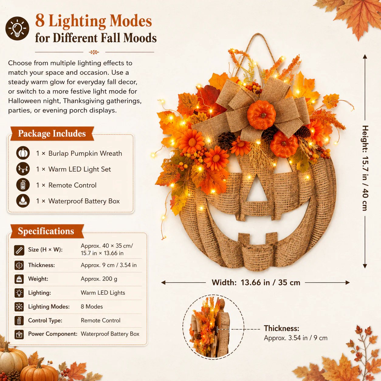 🎃✨ Lighted Burlap Pumpkin Wreath  (✨Limited Edition 2026)