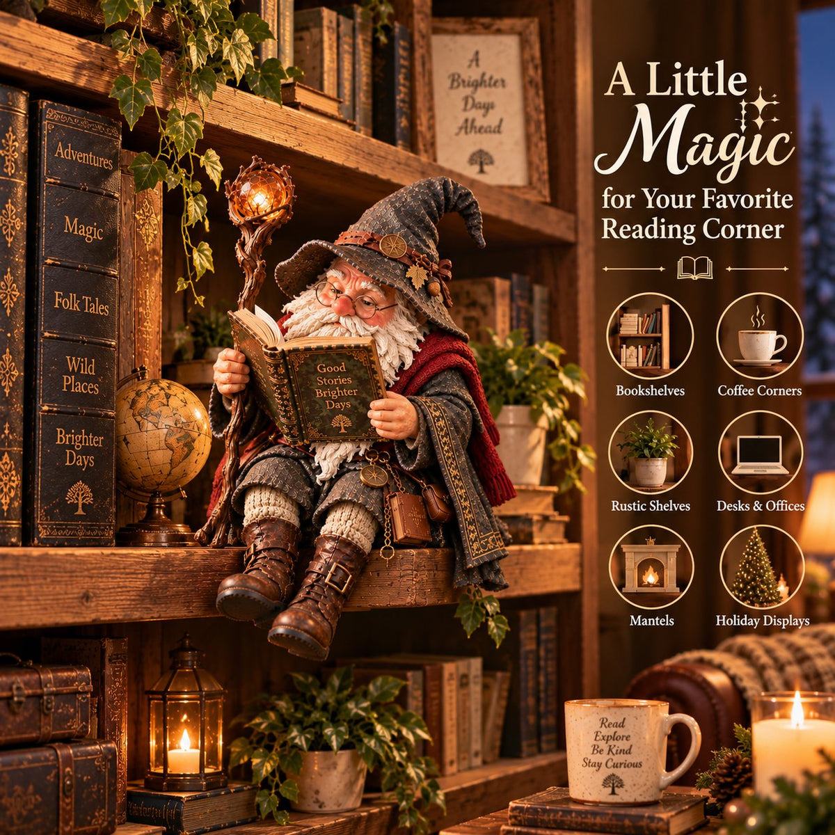🧙‍♂️ De rondtrekkende geleerde kabouter – Betoverend beeldje van een leestovenaar