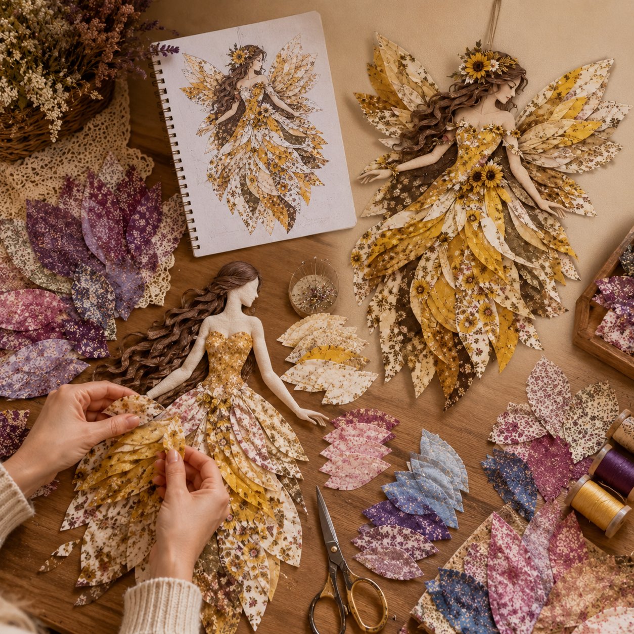 🧚‍♀️🌸 Premium doe-het-zelfpakket ‘Fairy Patchwork’ | Hoogwaardige gelaagde stof met bloemmotiefvleugels – doe-het-zelf, handgemaakte fantasiewanddecoratie ✨