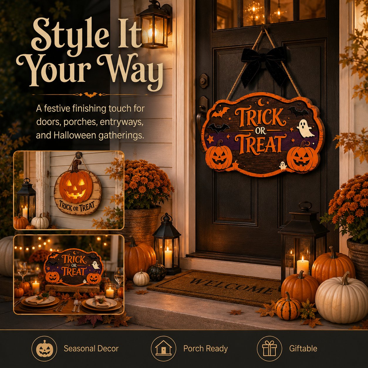 🎃 Trick or Treat Halloween Deurbord – Sfeervolle Halloween Welkom Decoratie 👻🦇