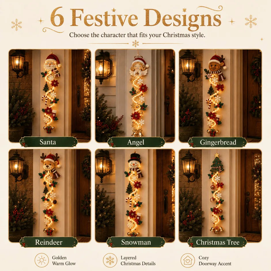 🎄MerryCascade™ Verlichte kerstdeurhanger | 6 feestelijke verlichte ontwerpen met een warme gloed, driedimensionale details en ruimtebesparende verticale decoratie ✨