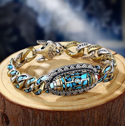 Turkoois Zes-karakter Mantra Negen-ogige Dzi Armband