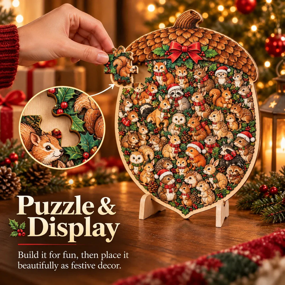 🎄 Houten kerstpuzzel van 20 cm met standaard | 9 feestelijke ontwerpen om in elkaar te zetten en tentoon te stellen 🧩