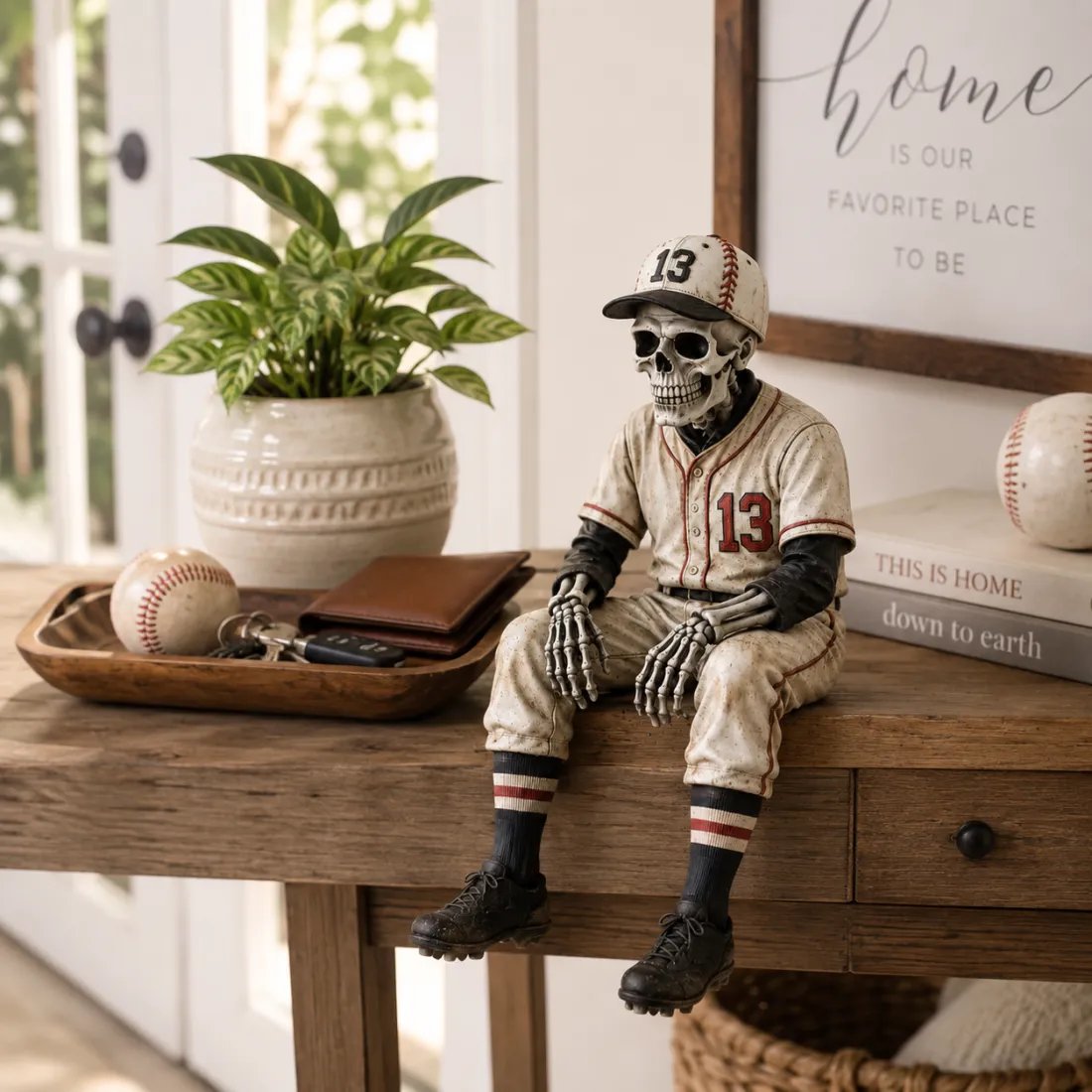 ⚾ Skeletfiguurtje voor op de plank in honkbalstijl – Hij bleef iets te lang in het spel 💀