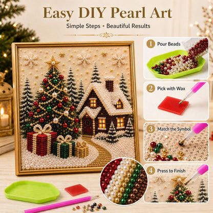 🎄🎅 Premium 3D-kerstwanddecoratieset met parels | Luxe canvas met vloklaag en krasbestendige, kleurvaste parelkraaltjes – DIY-kerstdecoratie ⛄️❄️