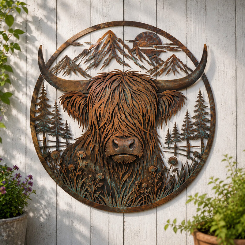 🐂Metalen wanddecoratie met berglandschap en Highland-koe🏔️