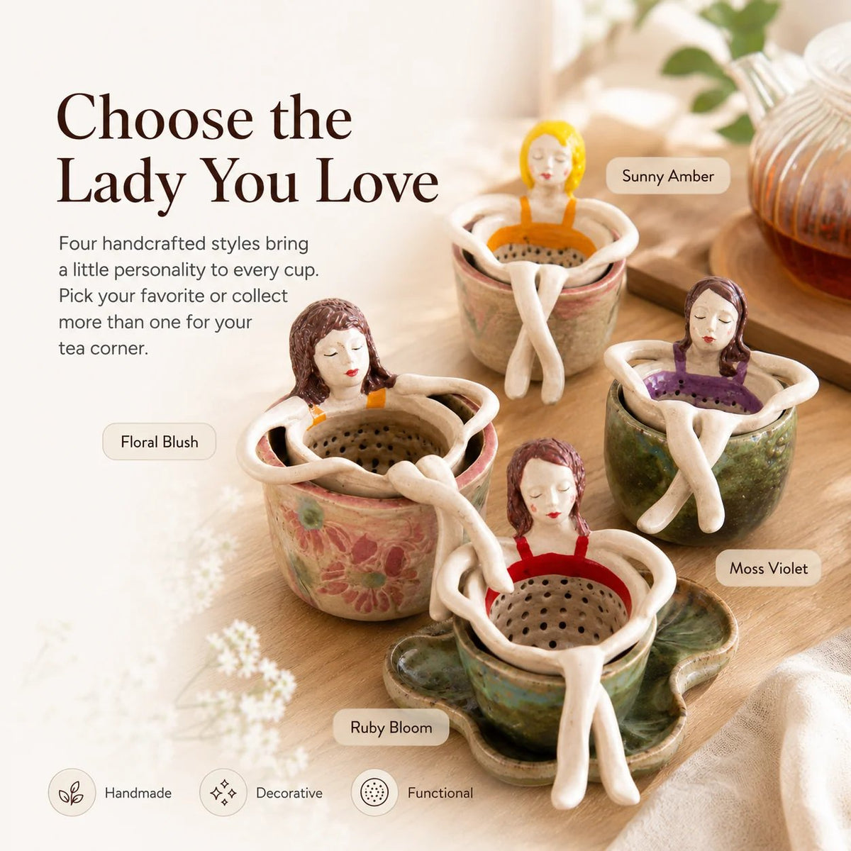 ☕🏺Whimsical Sitting Lady Ceramic Tea Strainer Collection