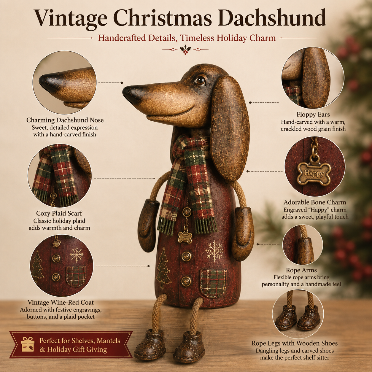 🏡Vintage kerstfiguurtje van een teckel voor op de plank