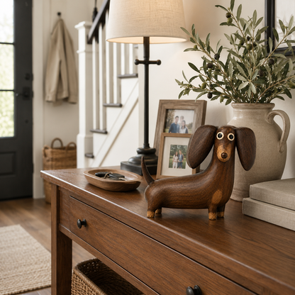 💡Speels beeldje van een teckel in houtlook