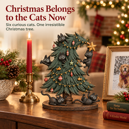 🐈‍⬛🌟 Zwarte Katten Kerstboom Beeld – Vintage Charme & Kattenkwaad