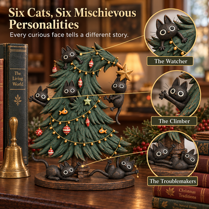 🐈‍⬛🌟 Zwarte Katten Kerstboom Beeld – Vintage Charme & Kattenkwaad