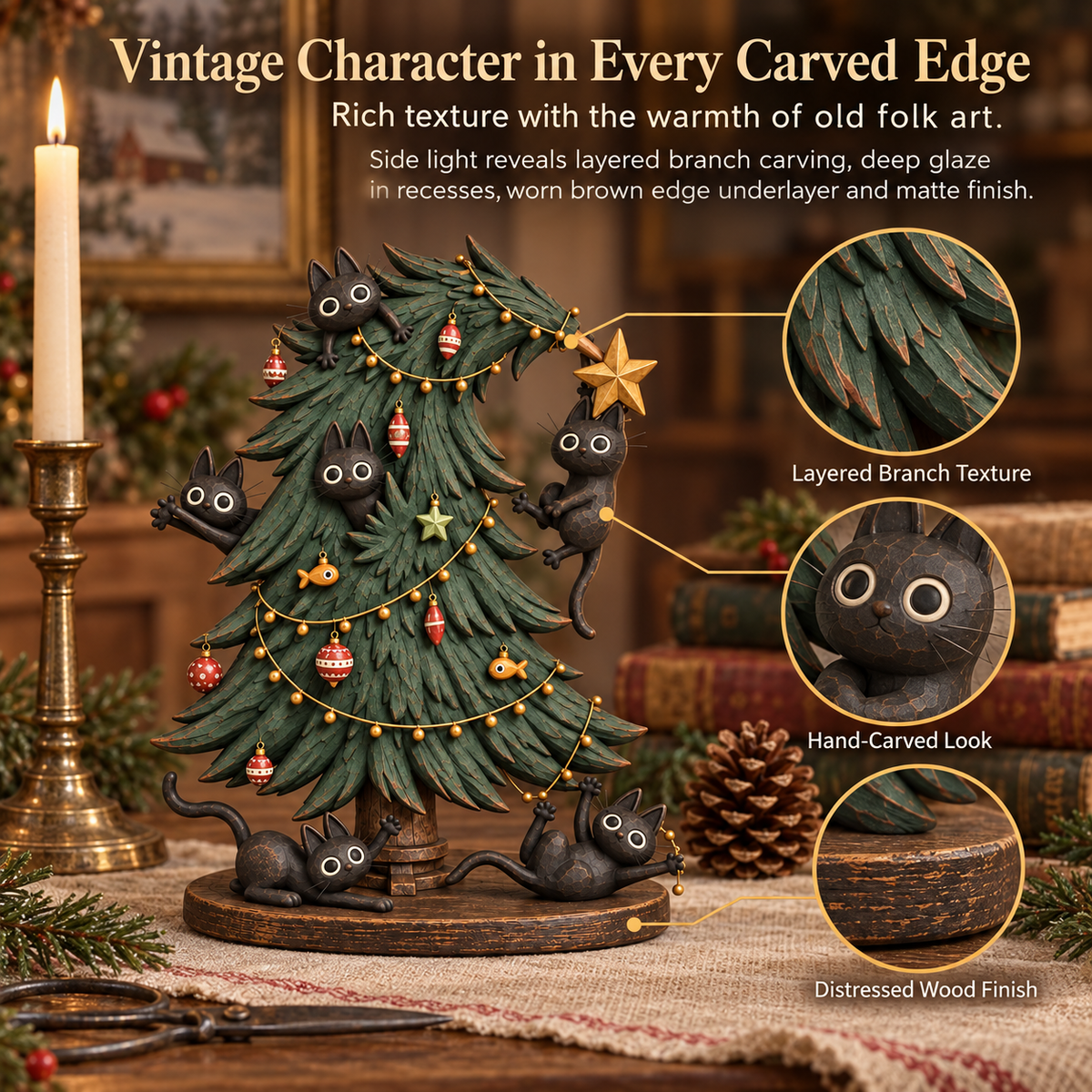 🐈‍⬛🌟 Zwarte Katten Kerstboom Beeld – Vintage Charme & Kattenkwaad