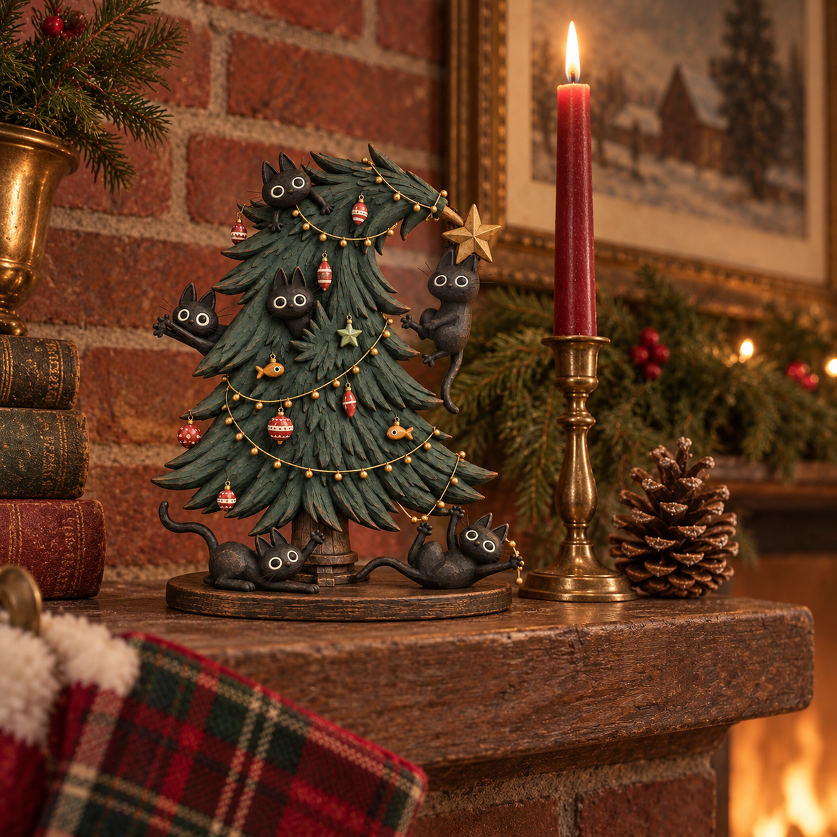 🐈‍⬛🌟 Zwarte Katten Kerstboom Beeld – Vintage Charme & Kattenkwaad